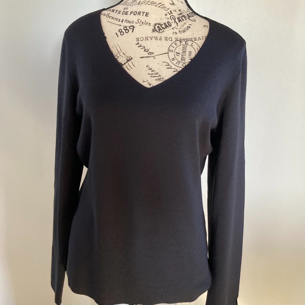 Ann Taylor Long Sleeve V-neck Sweater Black Knit Split Keyhole Cuff Large